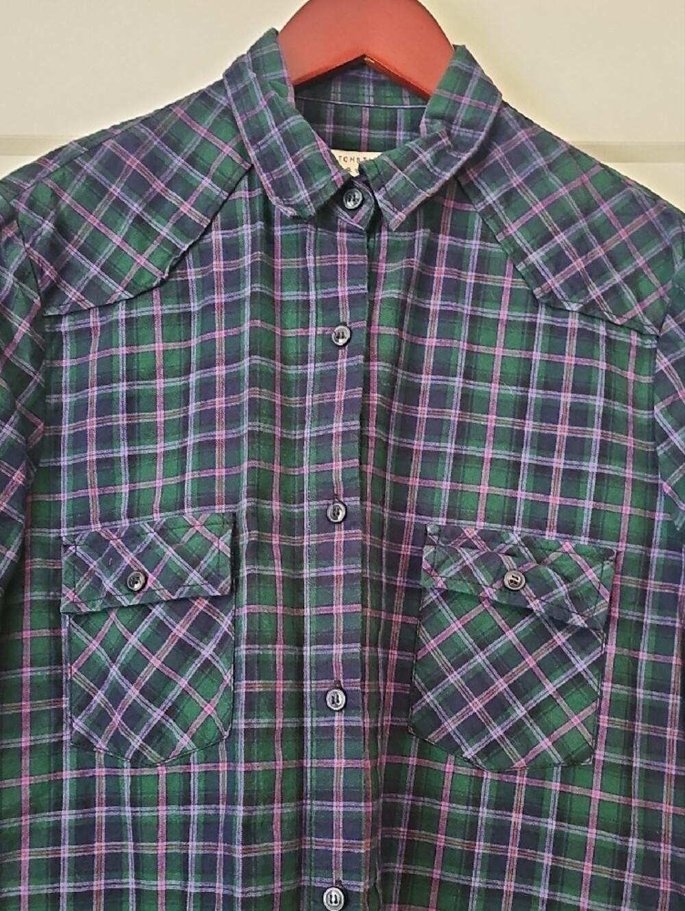Women's Plaid Flannel Button-Down Shirt - Purple, Navy & Green. Large